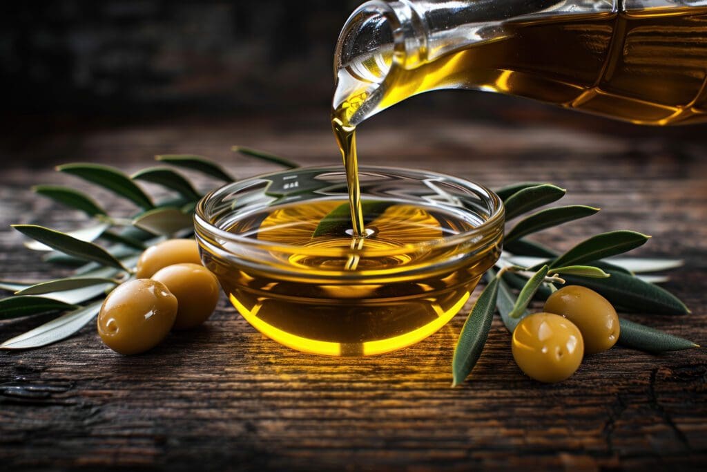 Pouring golden olive oil into a glass bowl with olives and leaves nearby.