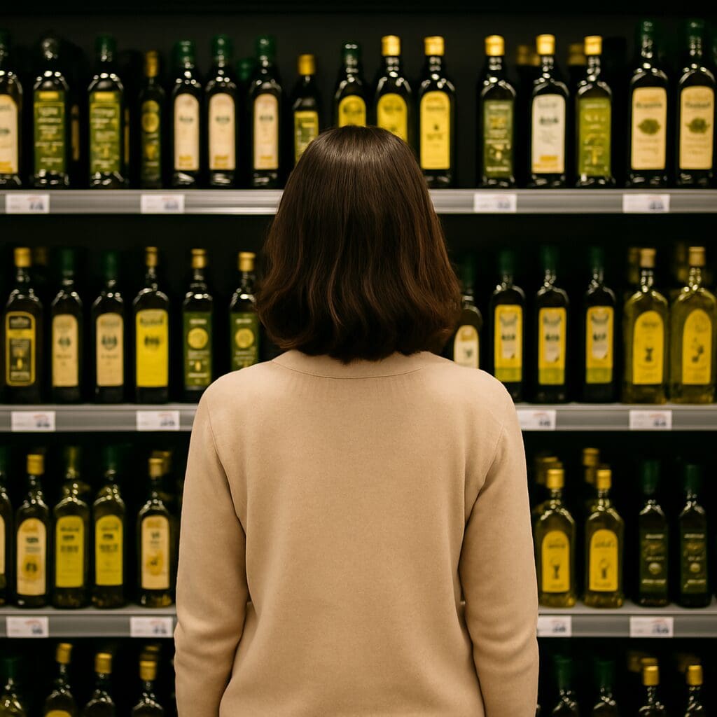 Person browsing shelves filled with olive oil bottles in a store.
