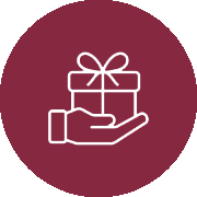Hand holding a gift box with a ribbon on a maroon circle background.