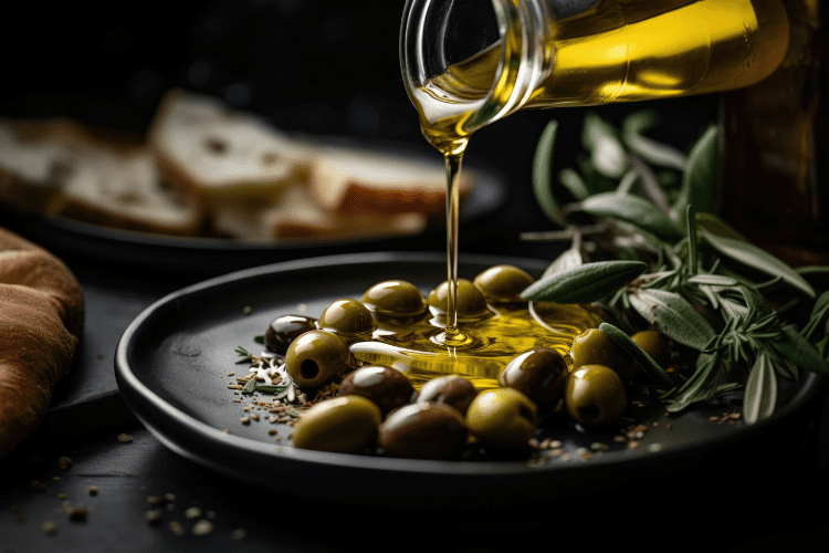 Olive oil being poured over green olives on a black plate.
