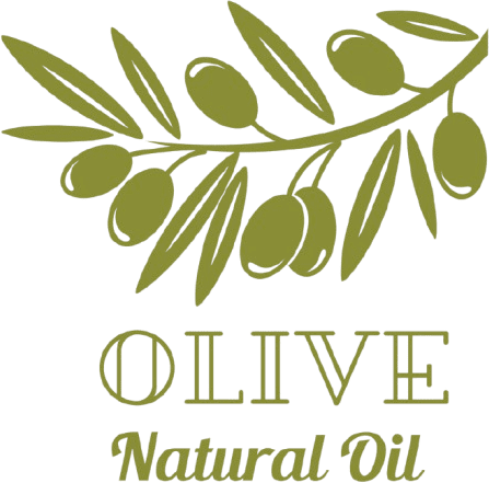 Logo of olive natural oil with green olive branch illustration.