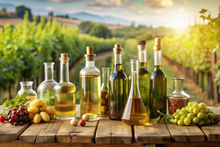 Various bottles of olive oil on a rustic wooden table with a vineyard in the background.