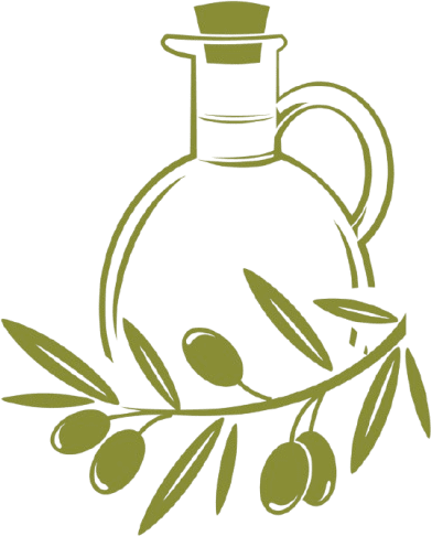 Elegant olive oil bottle with olive branch illustration.