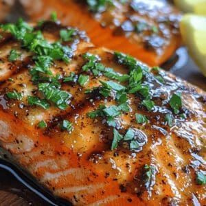 Grilled salmon fillet garnished with fresh herbs.