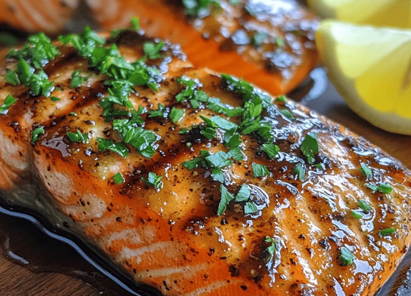 Grilled salmon fillet garnished with fresh herbs.