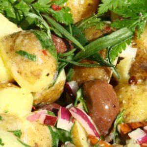 Close-up of a fresh potato salad with herbs and radishes.