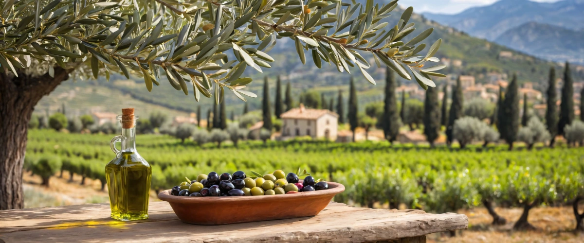 A bowl of olives with a scenic countryside background.