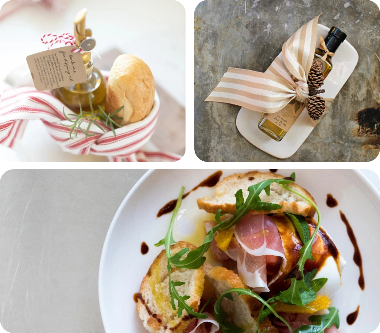 Elegant gift wrapping with gourmet treats and a fine dining dish presentation.