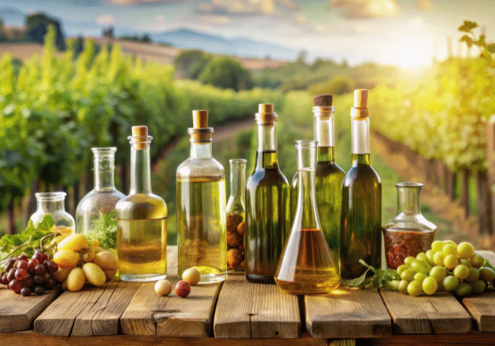 Various bottles of olive oil on a rustic wooden table with a vineyard in the background.