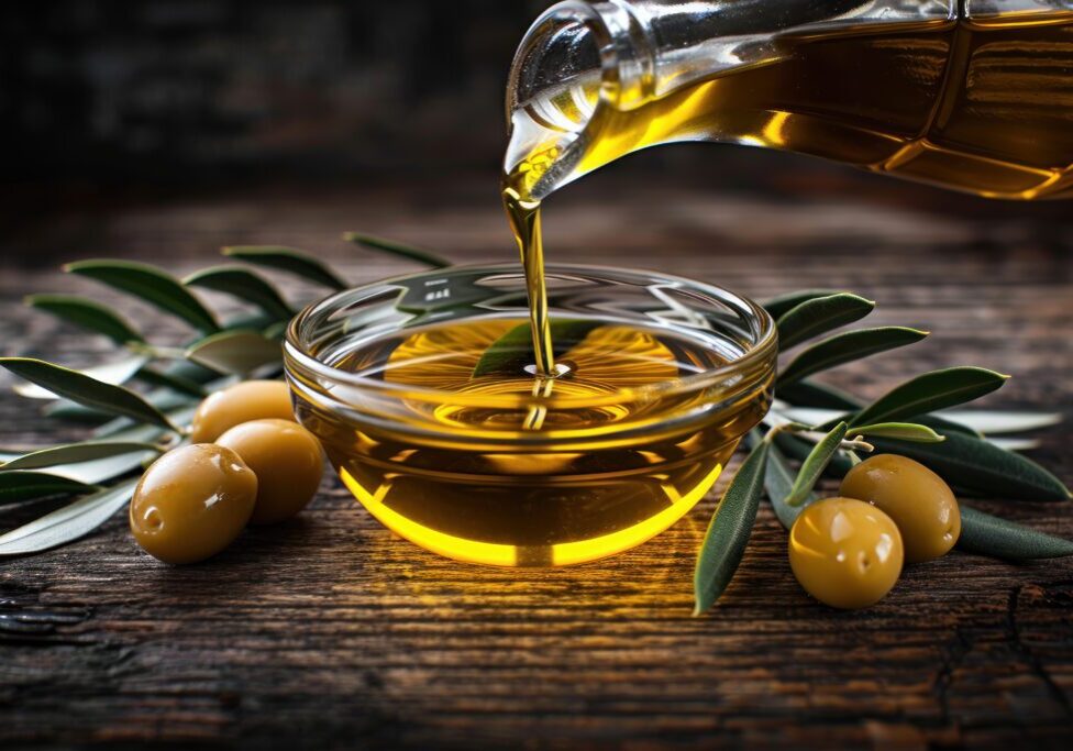 Pouring golden olive oil into a glass bowl with olives and leaves nearby.
