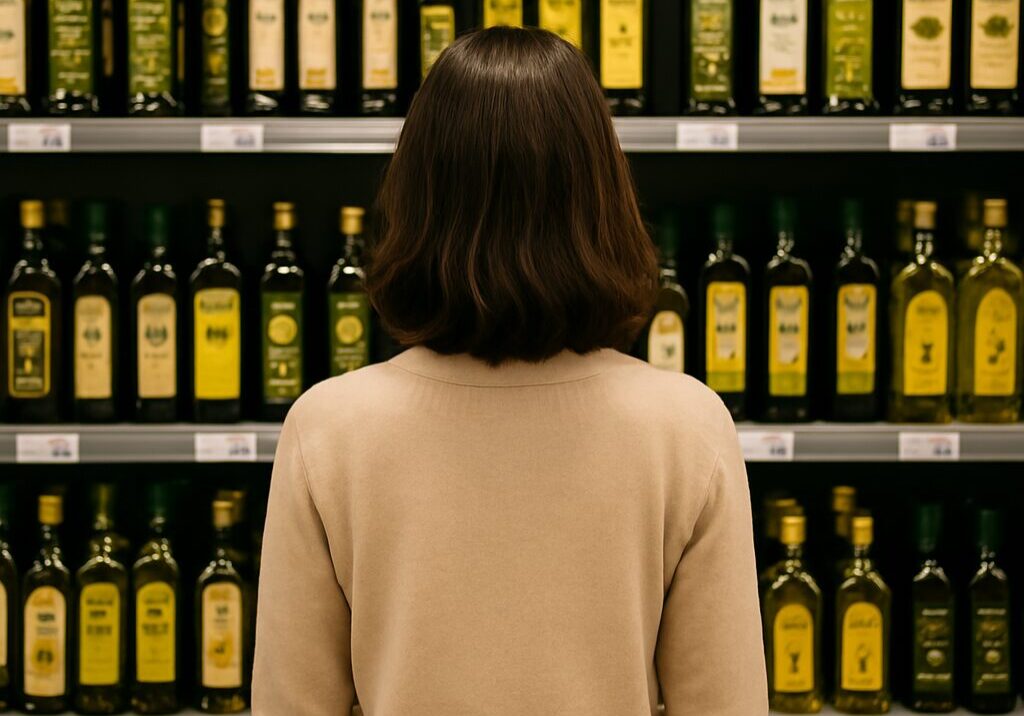 Person browsing shelves filled with olive oil bottles in a store.